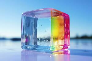 Colorful ice cube with reflection on water surface. photo