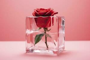 Red rose in ice cube on a pink background with copy space photo