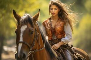 A woman rides a horse. photo