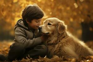 Boy hugging a golden retriever. photo