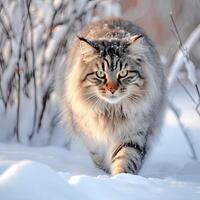 A cat walking through the snow in woods with trees photo