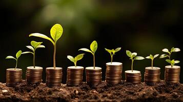 a row of coins with plant growing out them photo