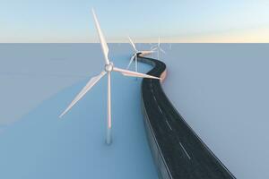 Windmills and winding road in the open, 3d rendering. photo