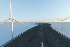 molinos de viento y devanado la carretera en el abierto, 3d representación. foto