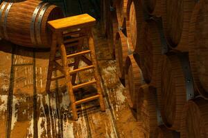 Wooden cellar with barrels inside, vintage beverage warehouse, 3d rendering. photo