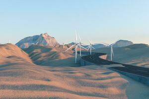 molinos de viento y devanado la carretera en el abierto, 3d representación. foto