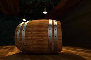 Wooden cellar with barrels inside, vintage beverage warehouse, 3d rendering. photo