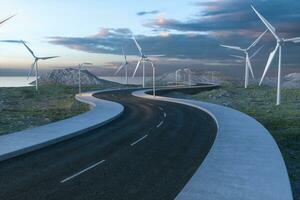 Windmills and winding road in the open, 3d rendering. photo