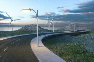 Windmills and winding road in the open, 3d rendering. photo