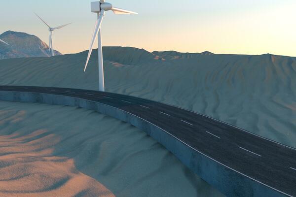 Windmills and winding road in the open, 3d rendering.