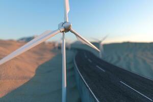 Windmills and winding road in the open, 3d rendering. photo