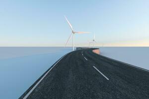 molinos de viento y devanado la carretera en el abierto, 3d representación. foto