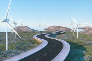 molinos de viento y devanado la carretera en el abierto, 3d representación. foto