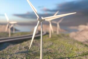 molinos de viento y devanado la carretera en el abierto, 3d representación. foto