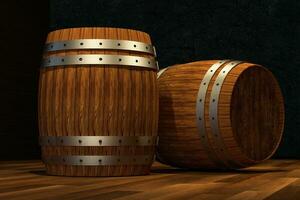 Wooden cellar with barrels inside, vintage beverage warehouse, 3d rendering. photo