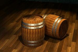 Wooden cellar with barrels inside, vintage beverage warehouse, 3d rendering. photo