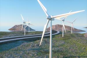 molinos de viento y devanado la carretera en el abierto, 3d representación. foto