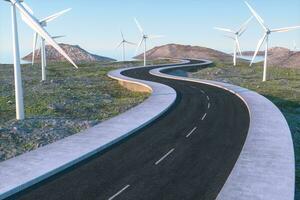 Windmills and winding road in the open, 3d rendering. photo