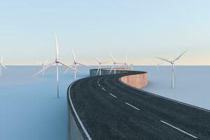 molinos de viento y devanado la carretera en el abierto, 3d representación. foto