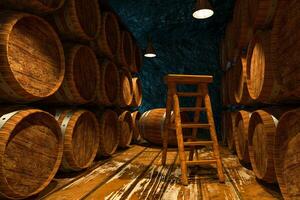 Wooden cellar with barrels inside, vintage beverage warehouse, 3d rendering. photo