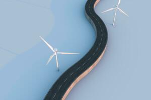 molinos de viento y devanado la carretera en el abierto, 3d representación. foto