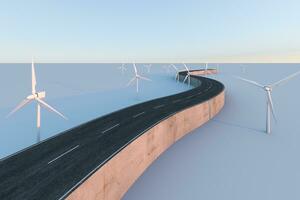 Windmills and winding road in the open, 3d rendering. photo