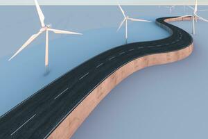 Windmills and winding road in the open, 3d rendering. photo