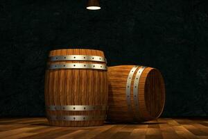 de madera cava con barriles adentro, Clásico bebida depósito, 3d representación. foto