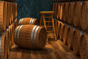 Wooden cellar with barrels inside, vintage beverage warehouse, 3d rendering. photo