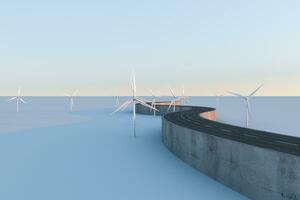 Windmills and winding road in the open, 3d rendering. photo