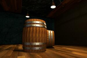 Wooden cellar with barrels inside, vintage beverage warehouse, 3d rendering. photo