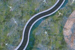 Windmills and winding road in the open, 3d rendering. photo