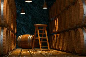 Wooden cellar with barrels inside, vintage beverage warehouse, 3d rendering. photo