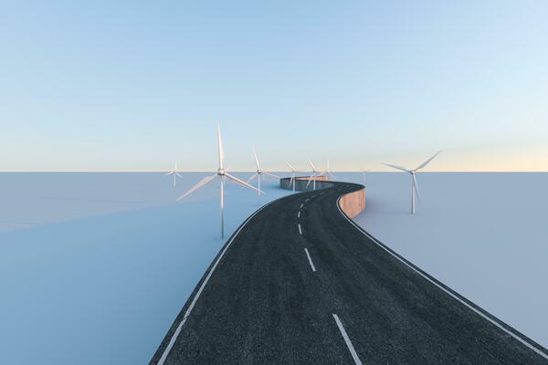 Windmills and winding road in the open, 3d rendering.