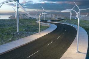 Windmills and winding road in the open, 3d rendering. photo