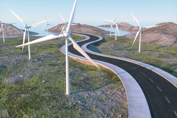 Windmills and winding road in the open, 3d rendering.