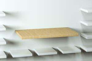 3d rendering, the wooden cubic platform in the white empty room. photo