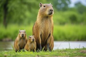 Cute capybara with cubs. Generative AI. photo