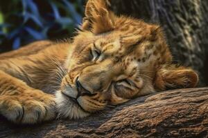 Cute little lion cub sleep. Generative AI. photo