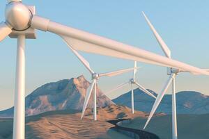 molinos de viento y devanado la carretera en el abierto, 3d representación. foto