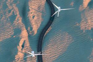 Windmills and winding road in the open, 3d rendering. photo