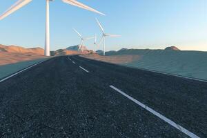 molinos de viento y devanado la carretera en el abierto, 3d representación. foto