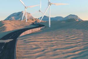 Windmills and winding road in the open, 3d rendering. photo