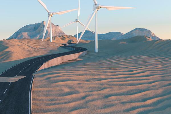 Windmills and winding road in the open, 3d rendering.