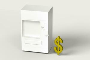 el blanco modelo de venta máquina y dinero modelo, 3d representación. foto