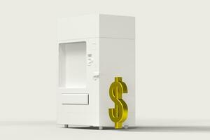 el blanco modelo de venta máquina y dinero modelo, 3d representación. foto