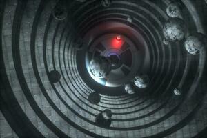 An abandoned round tunnel building in darkness, with scene of science fiction, 3d rendering. photo