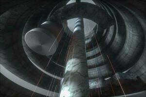 un abandonado redondo túnel edificio en oscuridad, con escena de Ciencias ficción, 3d representación. foto