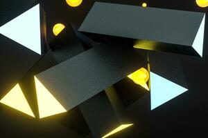 3d rendering, yellow glowing triangle pillar with dark background, photo