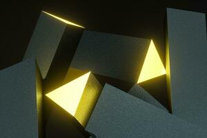 3d rendering, yellow glowing triangle pillar with dark background, photo